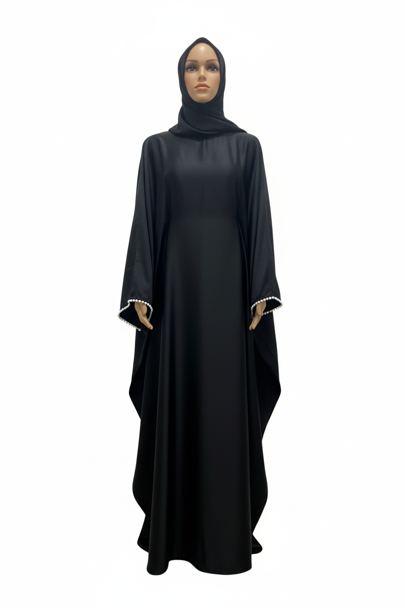 Black Satin Butterfly Abaya