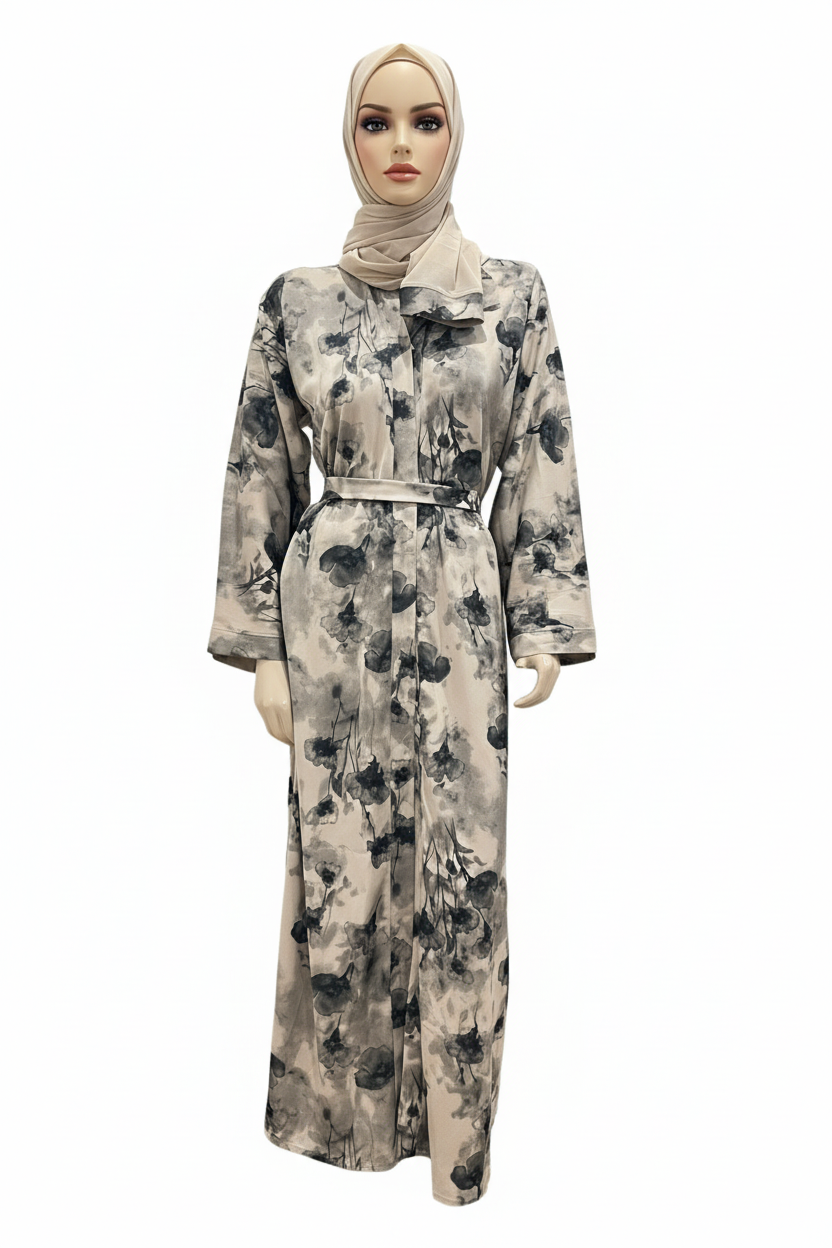 Tasmia Mist Bloom Abaya-Sand Beige